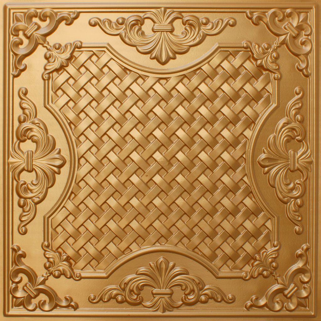 Rustic Traditional Gold Glue Up or Lay In, PVC 3D Decorative Ceiling Panel, 2 ft X 2 ft (60cm X 60cm), 4 sq ft (0.37 sq m) each