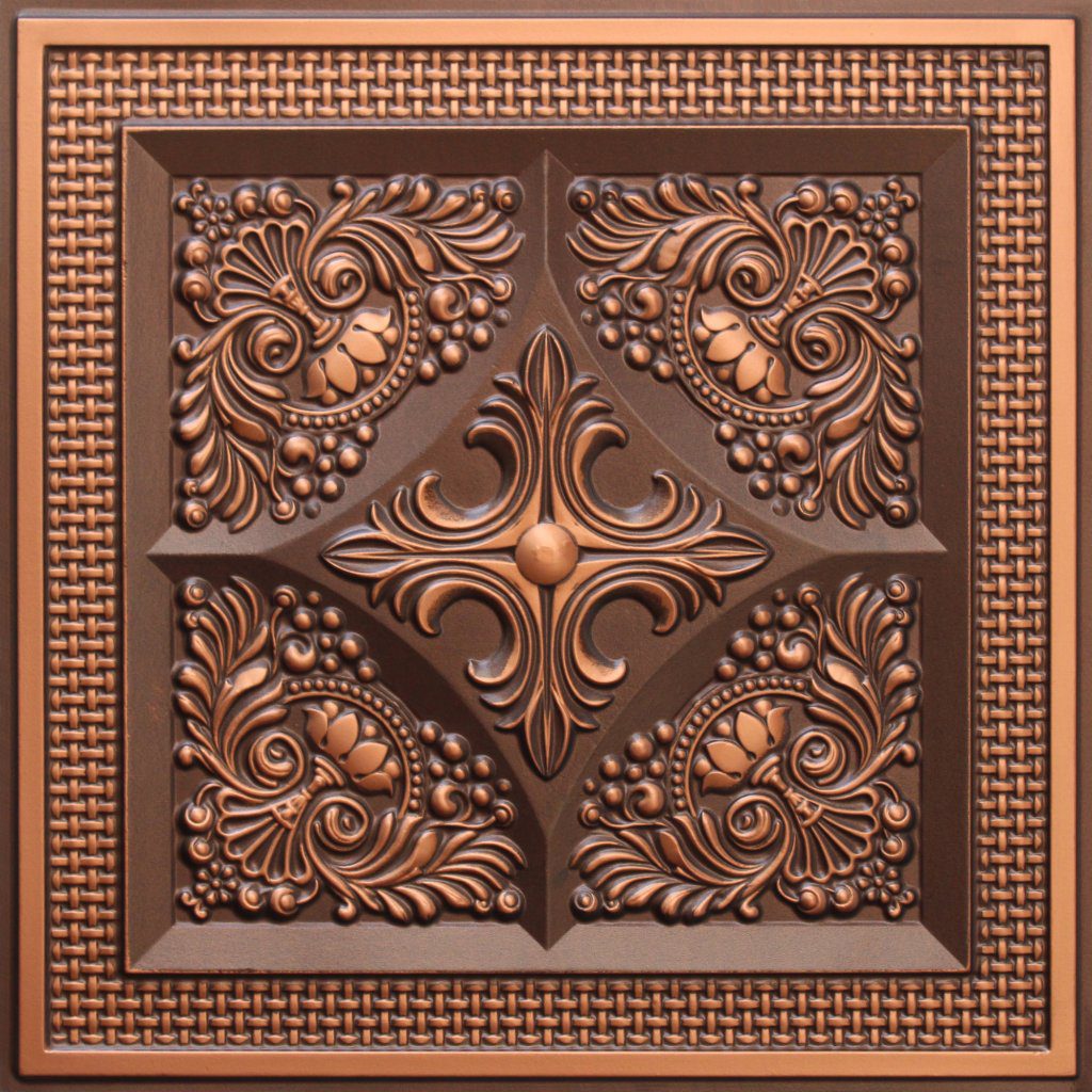 Rustic Floral Antique Copper Glue Up or Lay In, PVC 3D Decorative Ceiling Panel, 2 ft X 2 ft (60cm X 60cm), 4 sq ft (0.37 sq m) each