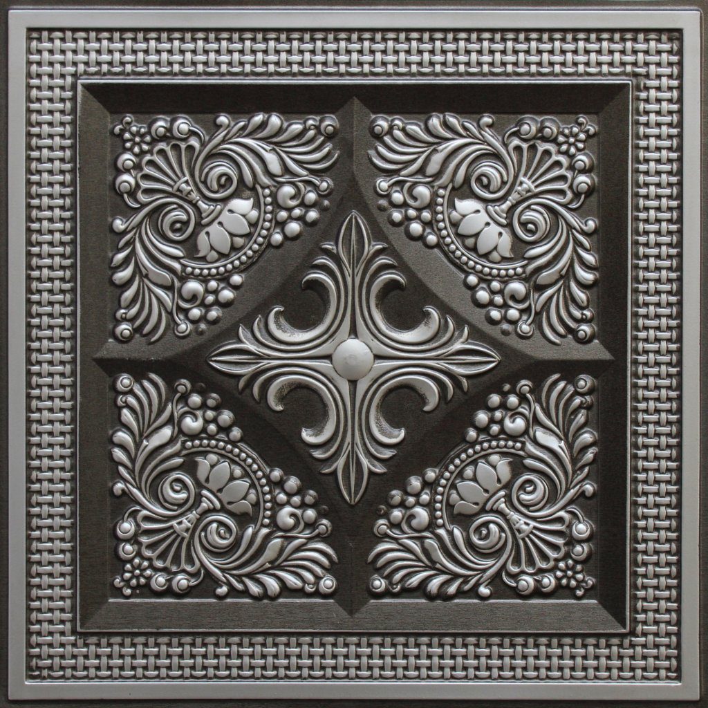 Rustic Floral Antique Silver Glue Up or Lay In, PVC 3D Decorative Ceiling Panel, 2 ft X 2 ft (60cm X 60cm), 4 sq ft (0.37 sq m) each