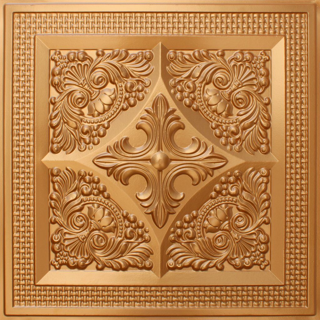 Rustic Floral Gold Glue Up or Lay In, PVC 3D Decorative Ceiling Panel, 2 ft X 2 ft (60cm X 60cm), 4 sq ft (0.37 sq m) each