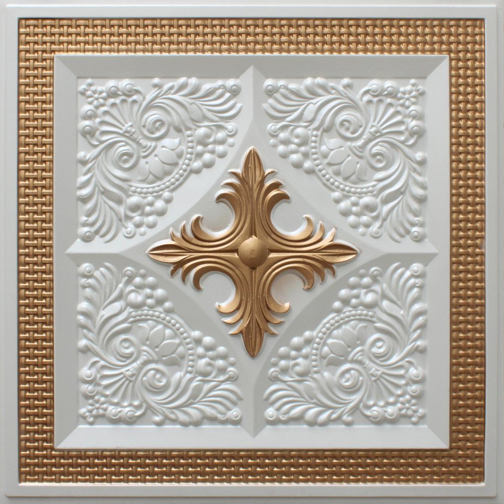 Modern Floral Pearl White Gold Glue Up or Lay In, PVC 3D Decorative Ceiling Panel, 2 ft X 2 ft (60cm X 60cm), 4 sq ft (0.37 sq m) each