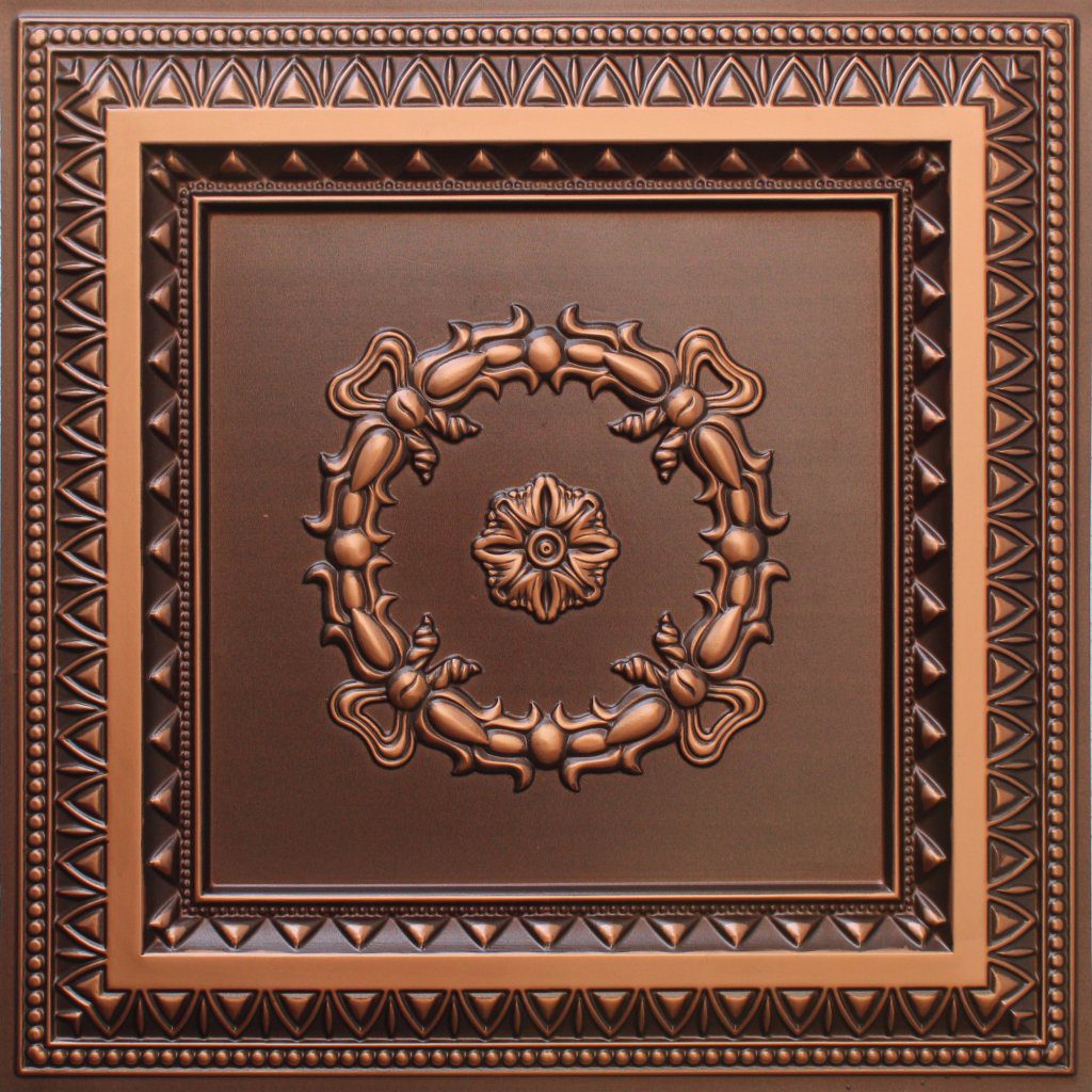 Rustic Traditional Antique Copper Glue Up or Lay In, PVC 3D Decorative Ceiling Panel, 2 ft X 2 ft (60cm X 60cm), 4 sq ft (0.37 sq m) each