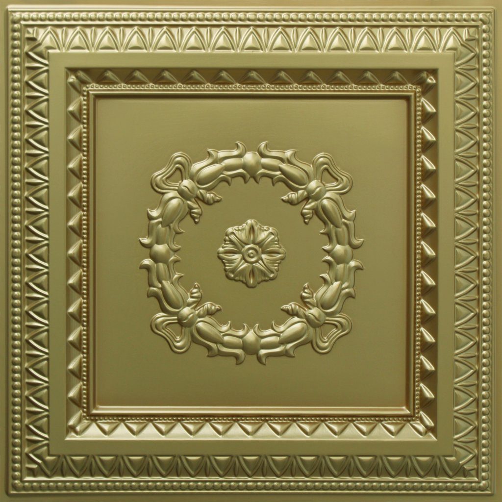 Rustic Traditional Brass Glue Up or Lay In, PVC 3D Decorative Ceiling Panel, 2 ft X 2 ft (60cm X 60cm), 4 sq ft (0.37 sq m) each