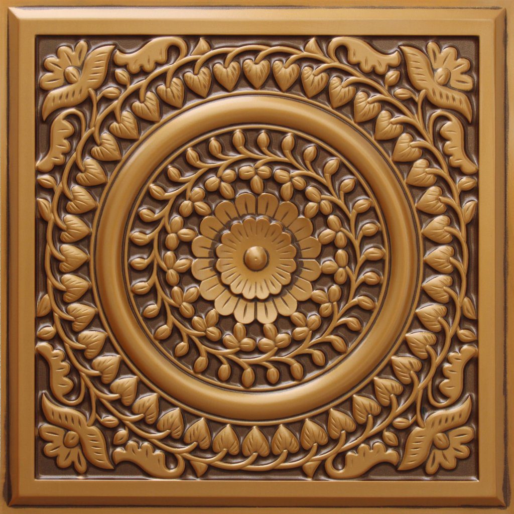 Rustic Floral Antique Gold Glue Up or Lay In, PVC 3D Decorative Ceiling Panel, 2 ft X 2 ft (60cm X 60cm), 4 sq ft (0.37 sq m) each