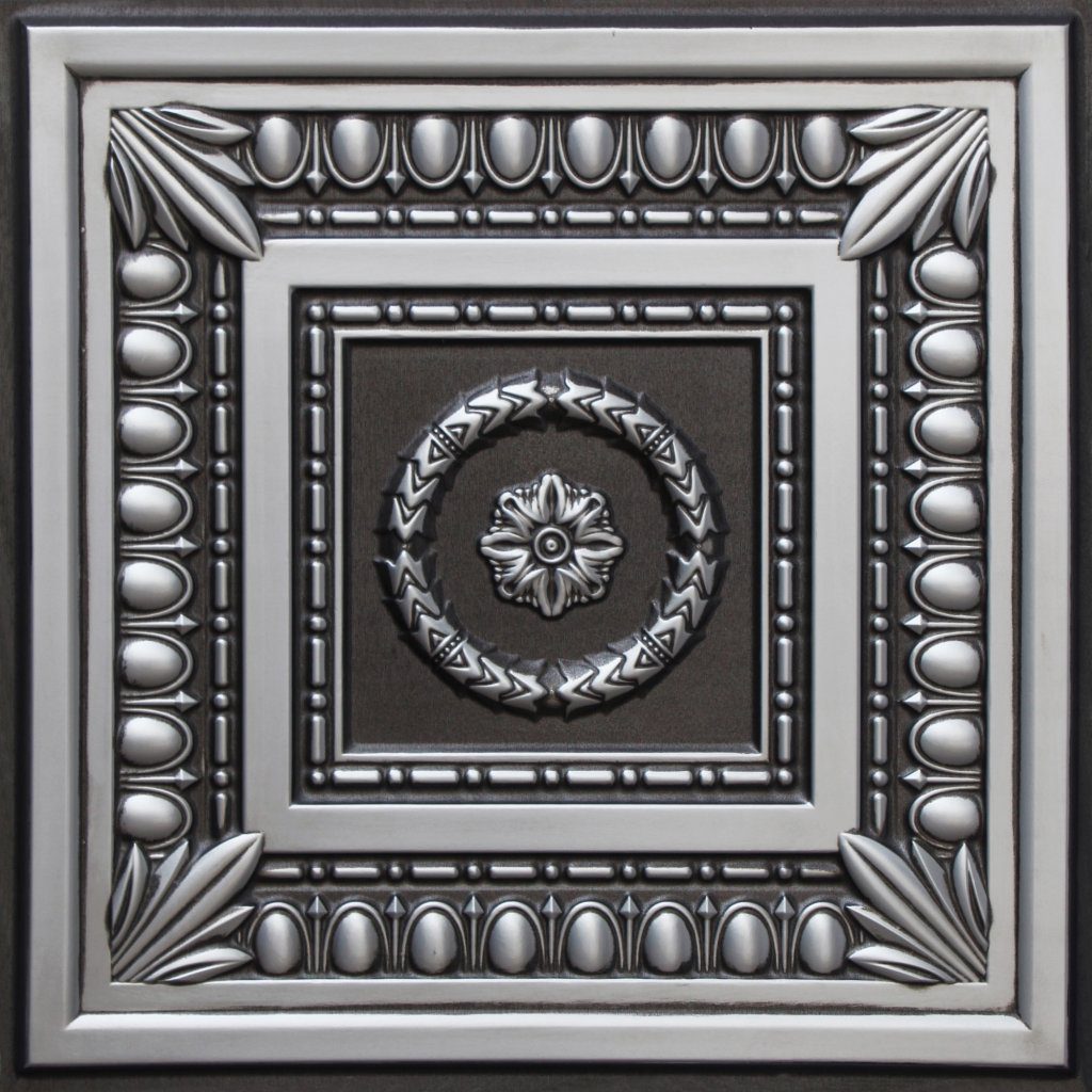 Rustic Botanical Antique Silver Glue Up or Lay In, PVC 3D Decorative Ceiling Panel, 2 ft X 2 ft (60cm X 60cm), 4 sq ft (0.37 sq m) each