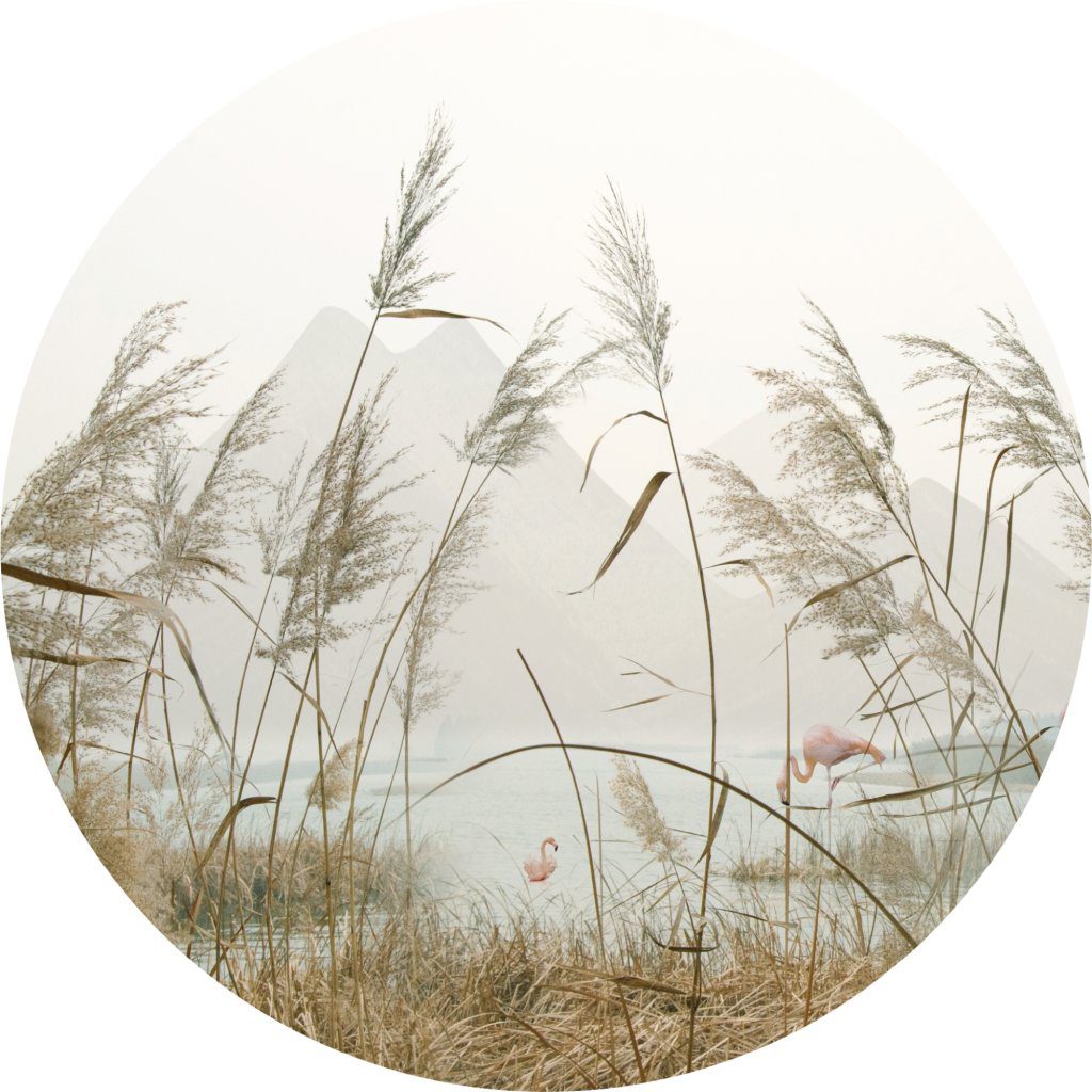 River Reeds and Flamingo Grey Pink Green Contemporary Circular Peel and Stick Wall Mural, 28 in. (70cm) in Diameter