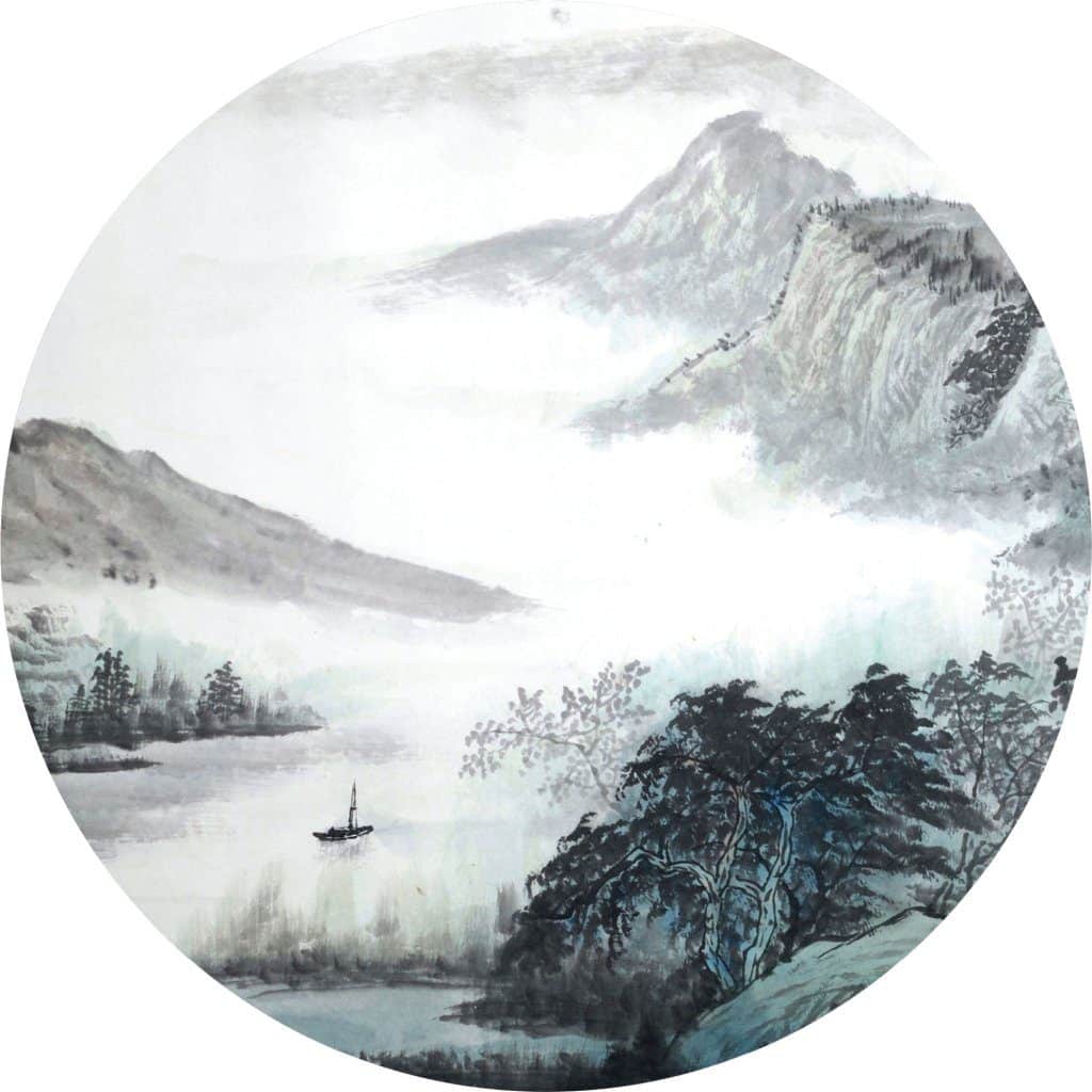 Watercolor Mountain Grey Blue Vintage Circular Peel and Stick Wall Mural, 55 in. (140cm) in Diameter