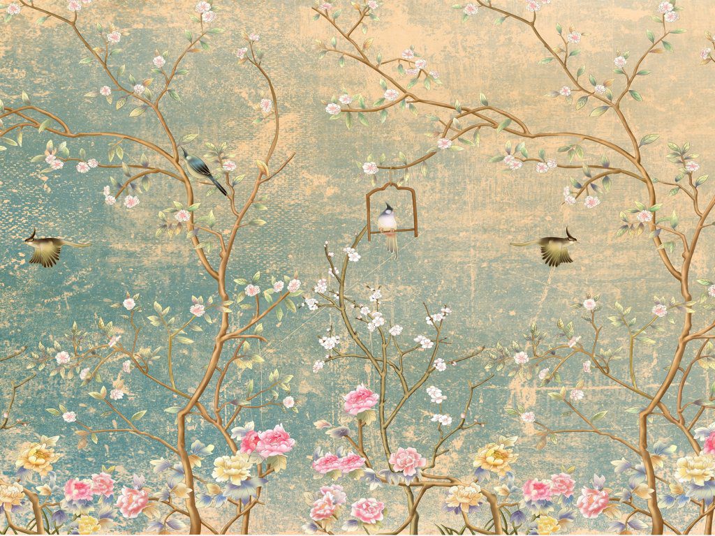 Chinoiserie Birds Beige Yellow Blue Vintage Wall Mural, 142 in. X 106 in. (360cm X 270cm)