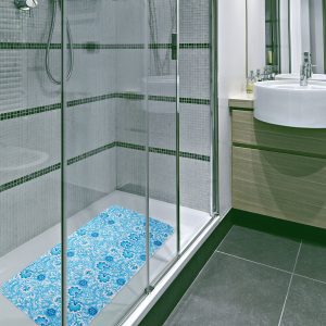Shower Mat with Suction Cups - 35" x 17", Traditional Light Blue Waterproof Non-Slip Quick Dry Dirt Resistant Perfect for Bathroom, Bathtub and Shower