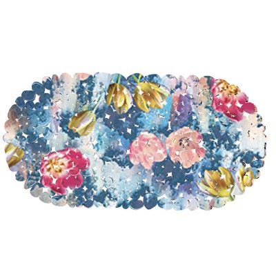 Tulip Bathtub and Shower Mat - 27" x 14" Blue Pink Waterproof Non-Slip Quick Dry Rug, Non-Absorbent Dirt Resistant Perfect for Bathroom, Shower, Restroom and Bathtub