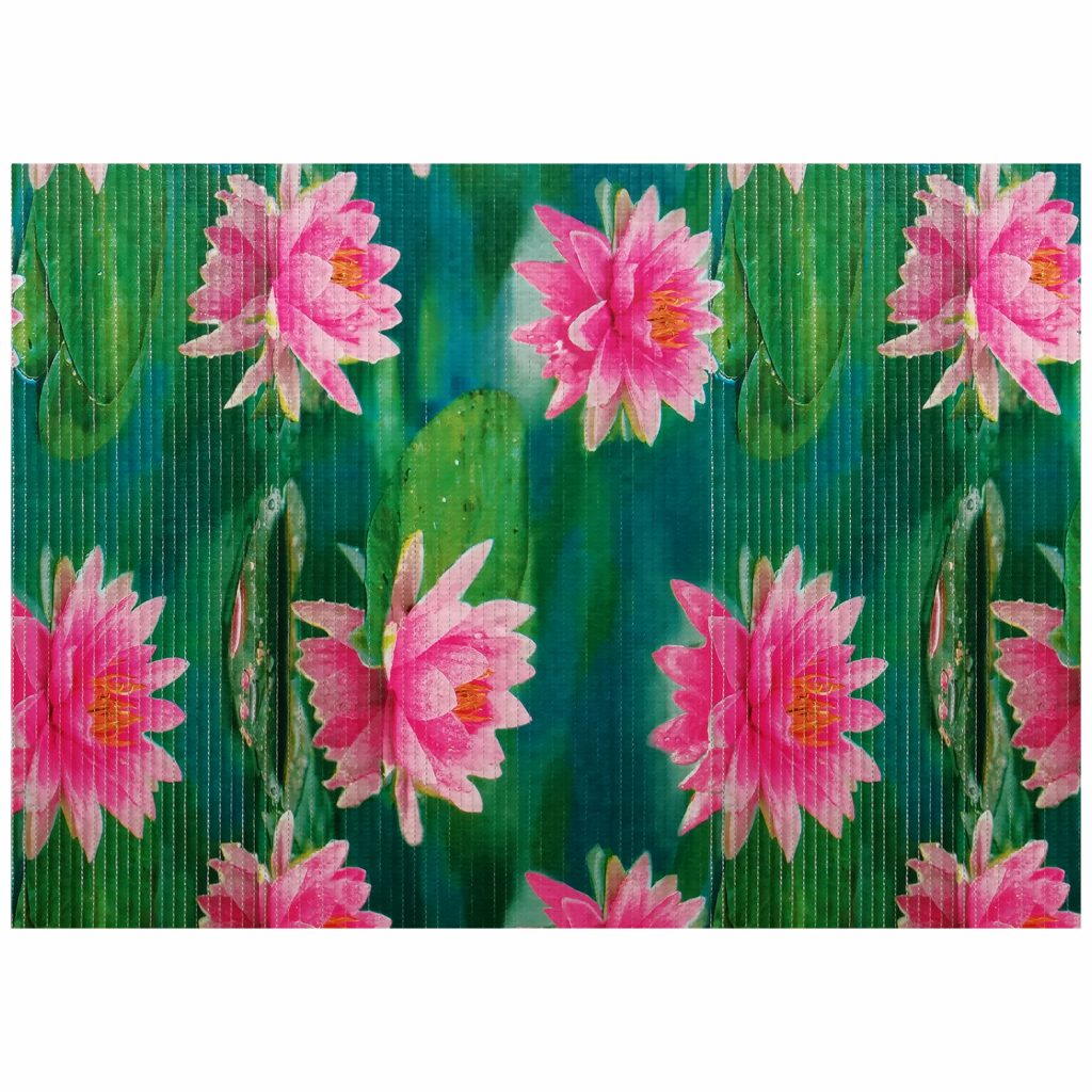 Lotus Bathroom Mat – 39″ x 26″ Blue Pink Waterproof Non-Slip Quick Dry Rug, Non-Absorbent Dirt Resistant Perfect for Kitchen, Bathroom and Restroom