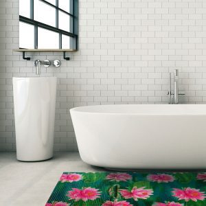 Lotus Bathroom Mat - 39" x 26" Blue Pink Waterproof Non-Slip Quick Dry Rug, Non-Absorbent Dirt Resistant Perfect for Kitchen, Bathroom and Restroom