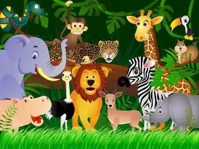 Cartoon Jungle Animals Multicolor Wall Mural 142 in x 106 in