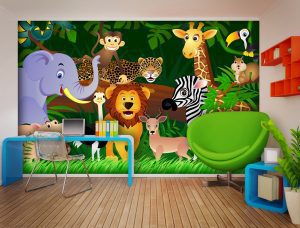 Cartoon Jungle Animals Multicolor Wall Mural 142 in x 106 in