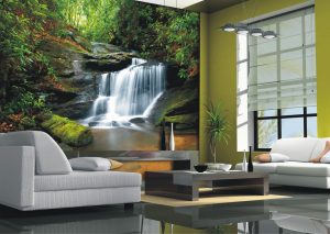Waterfall in the Forest Brown Green Wall Mural 142 in x 106 in