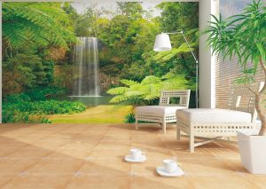 Waterfall in the Forest Green Yellow Wall Mural 142 in x 106 in