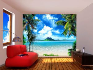 Ocean, Island, Palm Trees Green Turquoise Wall Mural 142 in x 106 in