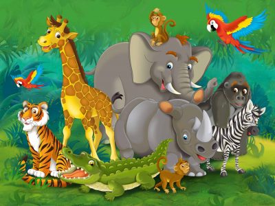 Cartoon Jungle Animals Multicolor Wall Mural 142 in x 106 in