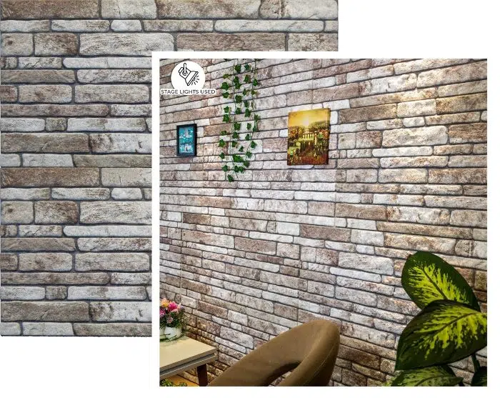 An exquisite stone wall made of stone vinyl tiles, displaying a captivating array of vibrant colors.