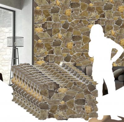 A stunning stone wall, resembling a colorful mosaic, crafted from stone vinyl tiles.