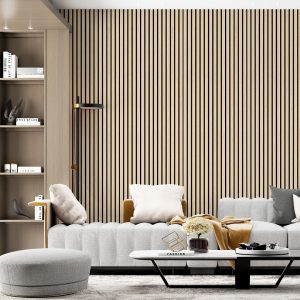 A contemporary living room with a stylish styrofoam indoor striped wall