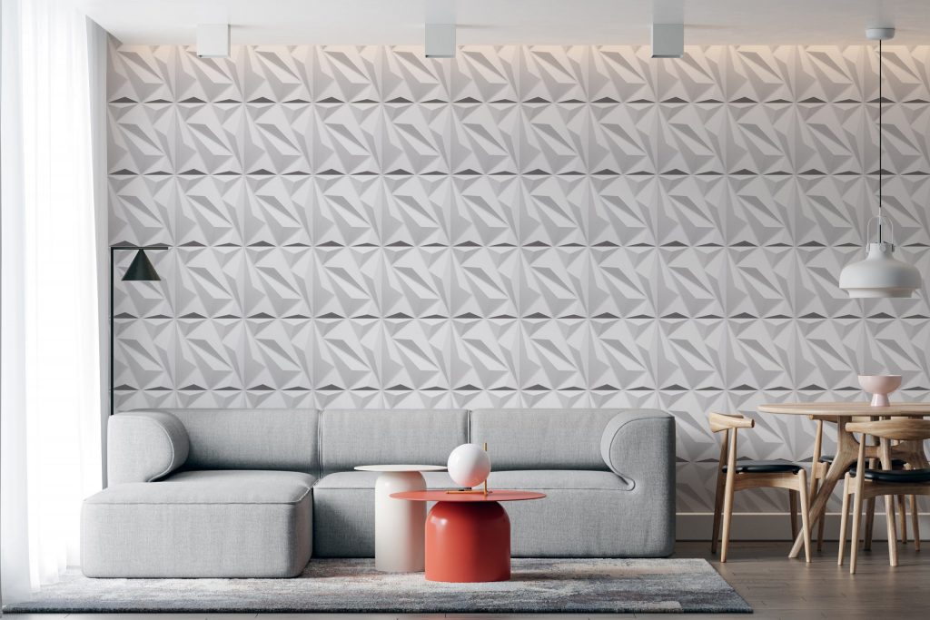 Contemporary living room with white 3D wall panels (Item: D137)