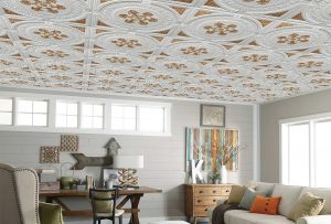 Contemporary Damask Pearl White-Gold Glue Up or Lay In, PVC 3D Decorative Ceiling Panel, 2 ft X 2 ft (60cm X 60cm), 4 sq ft (0.37 sq m) each - Single