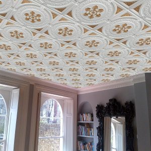 Contemporary Damask Pearl White-Gold Glue Up or Lay In, PVC 3D Decorative Ceiling Panel, 2 ft X 2 ft (60cm X 60cm), 4 sq ft (0.37 sq m) each - Single