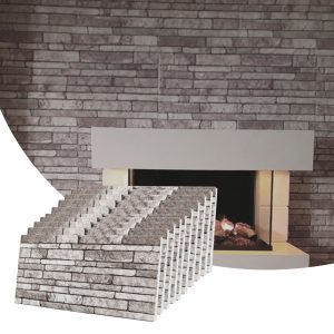 acoustic wall panel brick grey white, beige fireplace