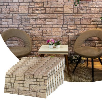 3D Wall Panels Brick Effect - Cladding, Beige Stone Look Wall Paneling, Styrofoam Facing for Living room, Kitchen, Bathroom, Balcony, Bedroom, Set of 10, Covers 53 sq ft