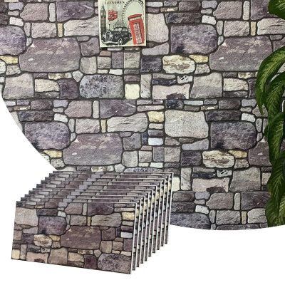 Dundee Deco 3D Wall Panels - Cladding, Purple Cream Stone Look Wall Paneling, Styrofoam Facing for Interior and Exterior Applications, DIY, Set of 10, Covers 54 sq ft