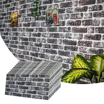 Dundee Deco 3D Wall Panels Brick Effect - Cladding, Charcoal White Stone Look Wall Paneling, Styrofoam Facing for Living Room, Kitchen, Bathroom, Balcony, Bedroom, Set of 10, Covers 54 sq ft