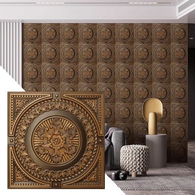 Rustic Damask Antique Gold Glue Up or Lay In, PVC 3D Decorative Ceiling Panel, 2 ft X 2 ft (60cm X 60cm), 4 sq ft (0.37 sq m) each - Single