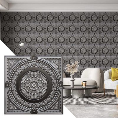 Rustic Damask Antique Silver Glue Up or Lay In, PVC 3D Decorative Ceiling Panel, 2 ft X 2 ft (60cm X 60cm), 4 sq ft (0.37 sq m) each - Single