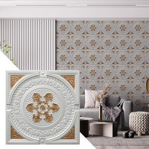 Contemporary Damask Pearl White-Gold Glue Up or Lay In, PVC 3D Decorative Ceiling Panel, 2 ft X 2 ft (60cm X 60cm), 4 sq ft (0.37 sq m) each - Single