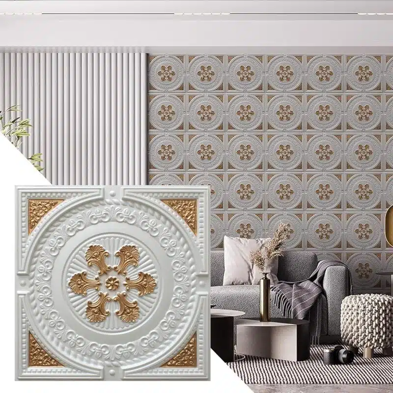 Contemporary Damask Pearl White-Gold Glue Up or Lay In, PVC 3D Decorative Ceiling Panel, 2 ft X 2 ft (60cm X 60cm), 4 sq ft (0.37 sq m) each - Single