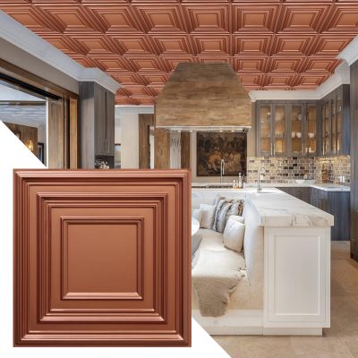 Traditional Square Copper Glue Up or Lay In, PVC 3D Decorative Ceiling Panel, 2 ft X 2 ft (60cm X 60cm), 4 sq ft (0.37 sq m) each - Single