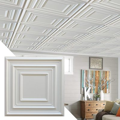 Traditional Square Silver Glue Up or Lay In, PVC 3D Decorative Ceiling Panel, 2 ft X 2 ft (60cm X 60cm), 4 sq ft (0.37 sq m) each - Single