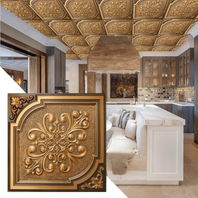 Victorian Botanical Antique Gold Glue Up or Lay In, PVC 3D Decorative Ceiling Panel, 2 ft X 2 ft (60cm X 60cm), 4 sq ft (0.37 sq m) each - Single