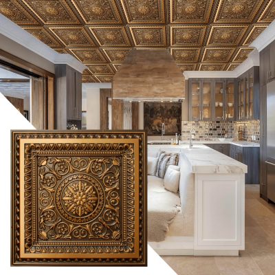 Victorian Floral Antique Gold Glue Up or Lay In, PVC 3D Decorative Ceiling Panel, 2 ft X 2 ft (60cm X 60cm), 4 sq ft (0.37 sq m) each - Single