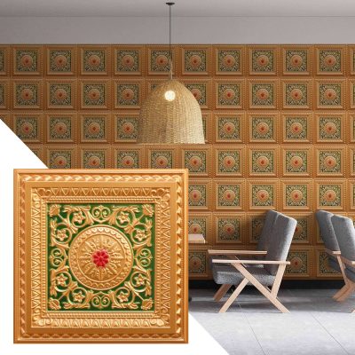 Victorian Floral Gold-Green-Red Glue Up or Lay In, PVC 3D Decorative Ceiling Panel, 2 ft X 2 ft (60cm X 60cm), 4 sq ft (0.37 sq m) each - Single