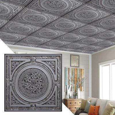 Rustic Traditional Antique Silver Glue Up or Lay In, PVC 3D Decorative Ceiling Panel, 2 ft X 2 ft (60cm X 60cm), 4 sq ft (0.37 sq m) each - Single