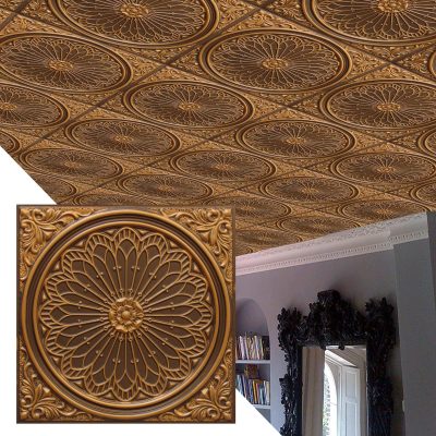 Rustic Floral Antique Gold Glue Up or Lay In, PVC 3D Decorative Ceiling Panel, 2 ft X 2 ft (60cm X 60cm), 4 sq ft (0.37 sq m) each - Single