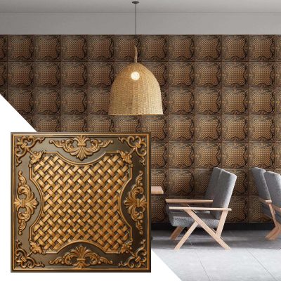 Rustic Traditional Antique Gold Glue Up or Lay In, PVC 3D Decorative Ceiling Panel, 2 ft X 2 ft (60cm X 60cm), 4 sq ft (0.37 sq m) each - Single