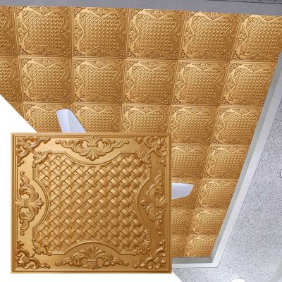 Rustic Traditional Gold Glue Up or Lay In, PVC 3D Decorative Ceiling Panel, 2 ft X 2 ft (60cm X 60cm), 4 sq ft (0.37 sq m) each - Single