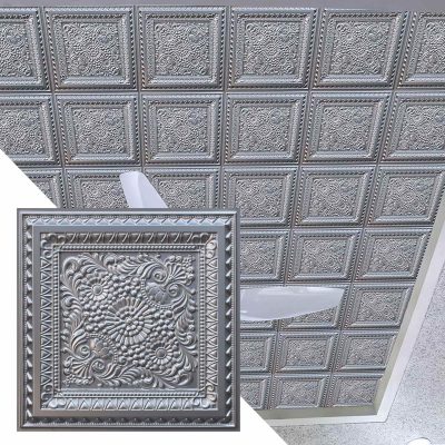 Rustic Floral Silver Glue Up or Lay In, PVC 3D Decorative Ceiling Panel, 2 ft X 2 ft (60cm X 60cm), 4 sq ft (0.37 sq m) each - Single