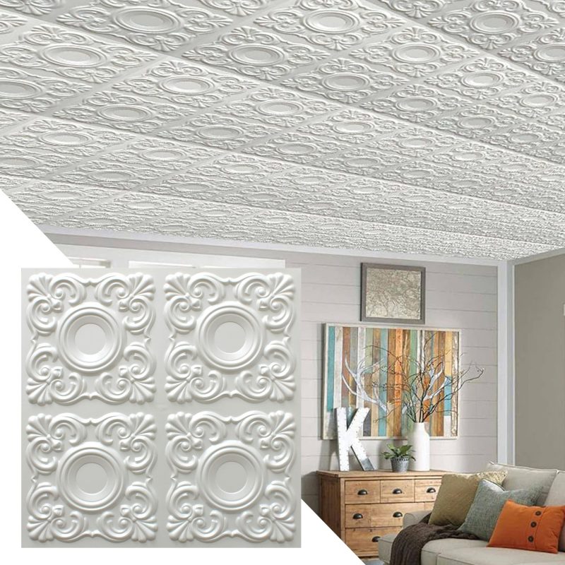 Modern Shapes Pearl White Glue Up, PVC 3D Decorative Ceiling Panel, 2 ft X 2 ft (62cm X 62cm), 4 sq ft (0.37 sq m) each - Single