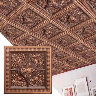 Rustic Floral Antique Copper Glue Up or Lay In, PVC 3D Decorative Ceiling Panel, 2 ft X 2 ft (60cm X 60cm), 4 sq ft (0.37 sq m) each - Single