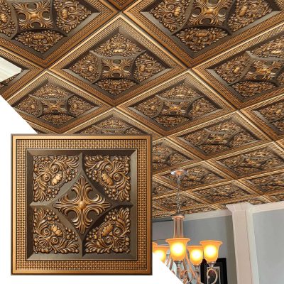 Rustic Floral Antique Gold Glue Up or Lay In, PVC 3D Decorative Ceiling Panel, 2 ft X 2 ft (60cm X 60cm), 4 sq ft (0.37 sq m) each - Single