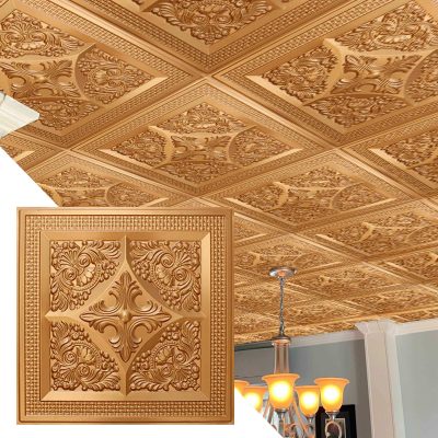 Rustic Floral Gold Glue Up or Lay In, PVC 3D Decorative Ceiling Panel, 2 ft X 2 ft (60cm X 60cm), 4 sq ft (0.37 sq m) each - Single